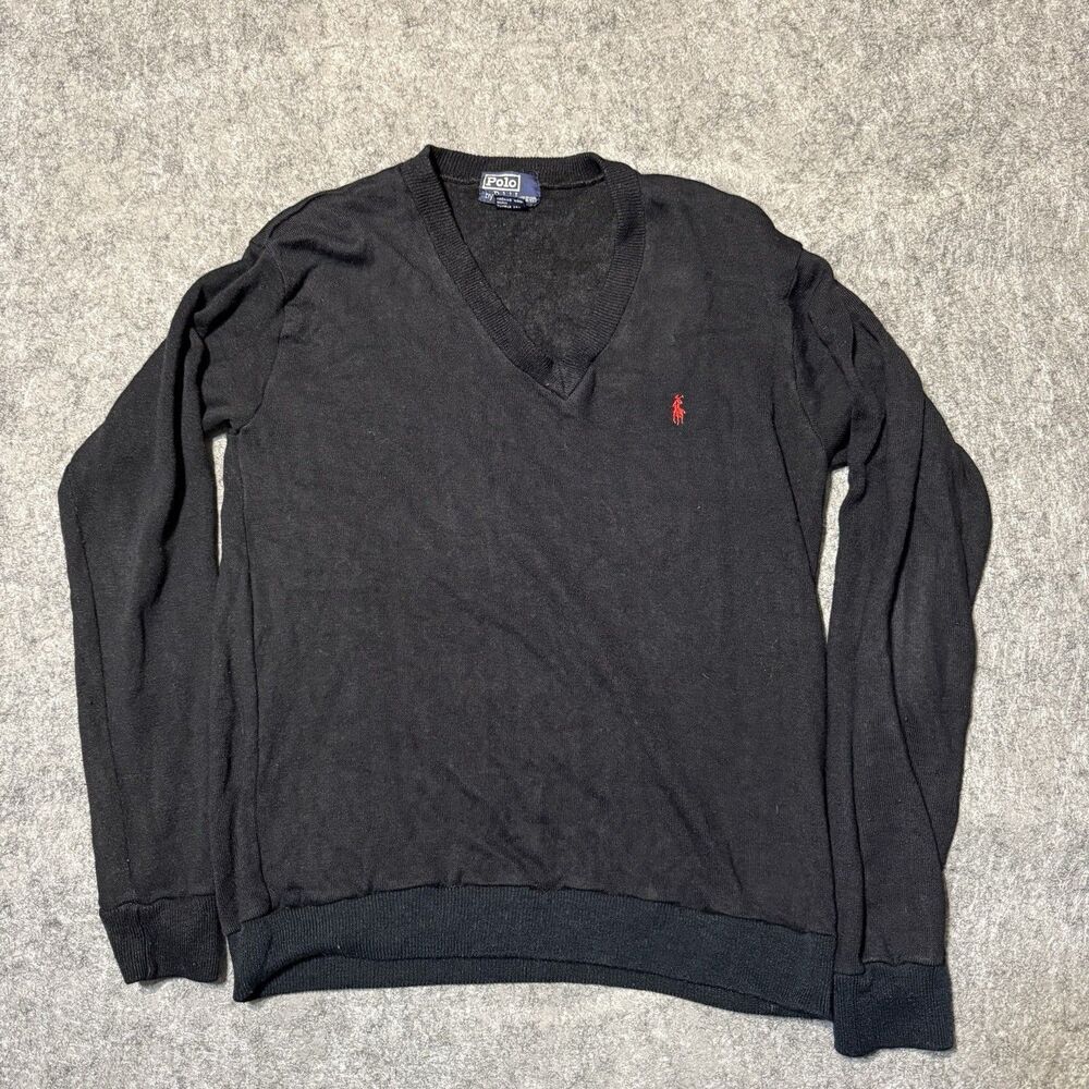 Vintage Polo By Ralph Lauren V-Neck Sweater Womens XL Black Wool Blend Red Pony